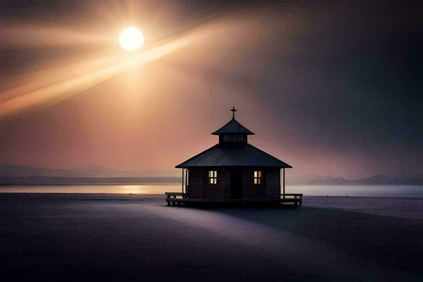 un pequeño Iglesia se sienta en el playa a noche. generado por ai foto