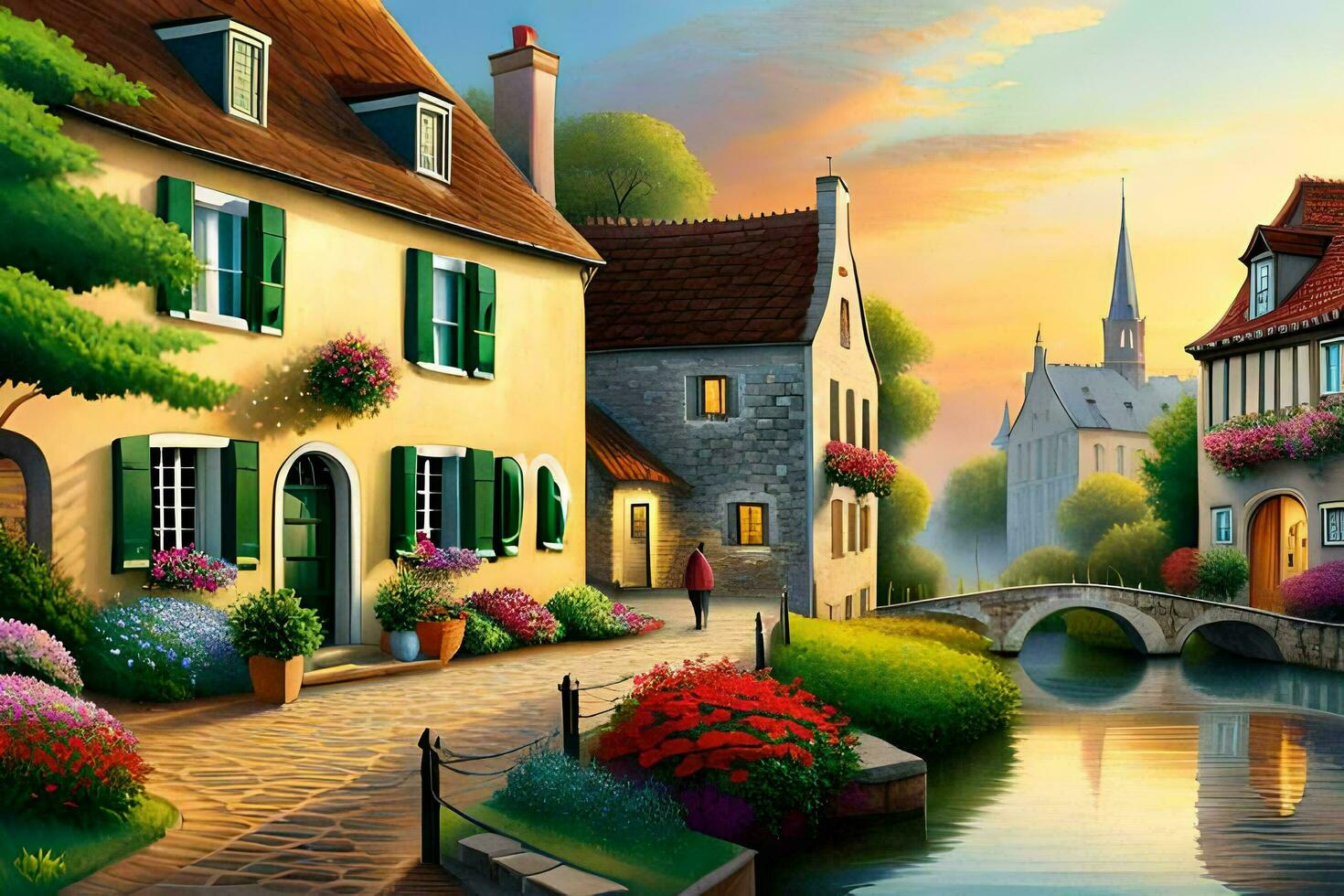a painting of a village with a bridge and flowers. AI-Generated photo