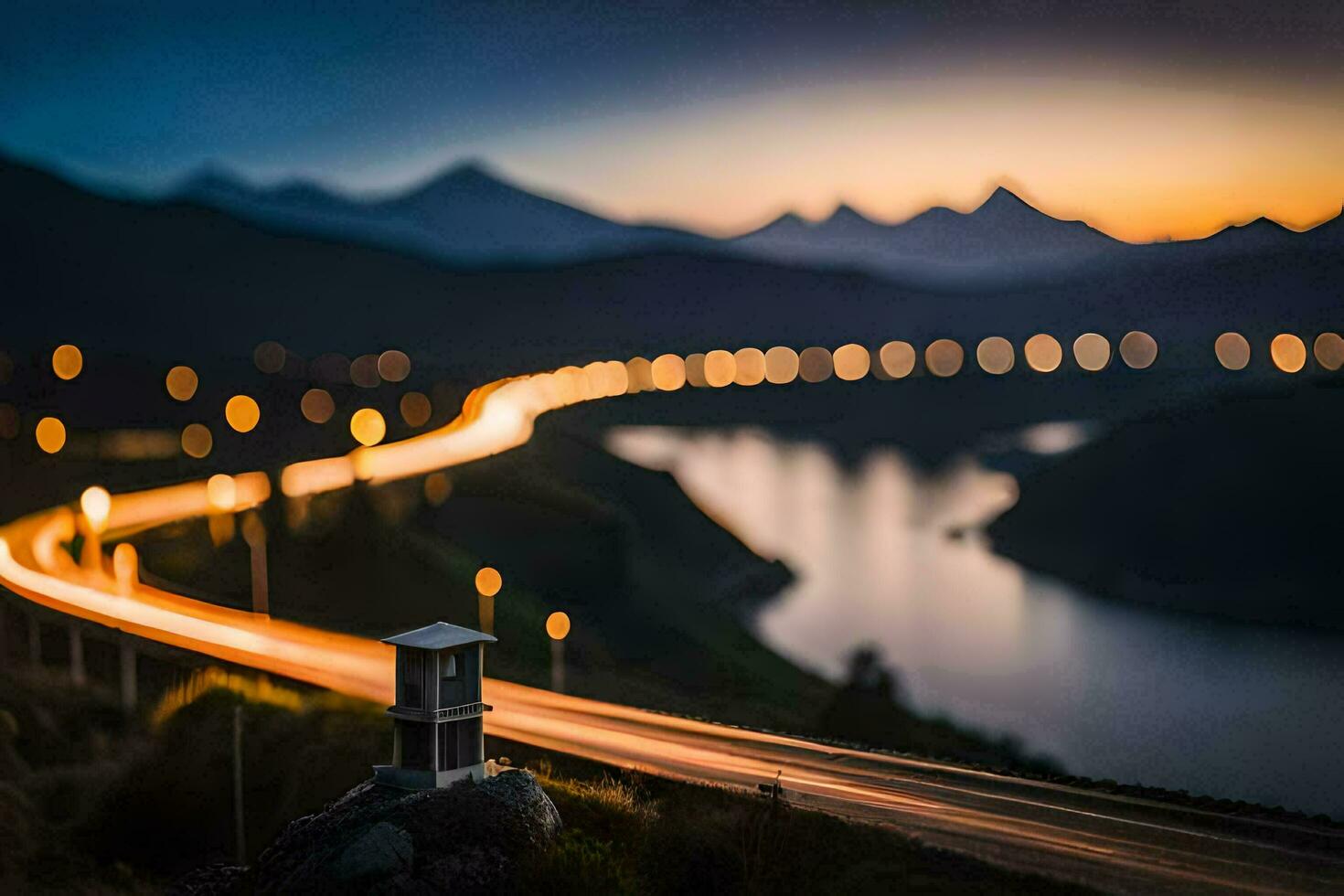 a long exposure photo of a road and a lake at dusk. AI-Generated