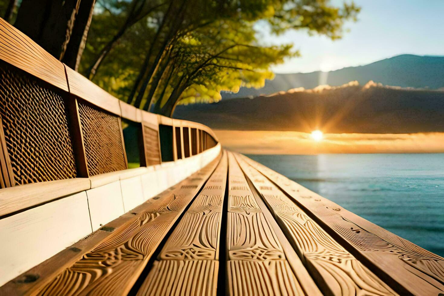 a wooden boardwalk leads to the ocean at sunset. AI-Generated photo