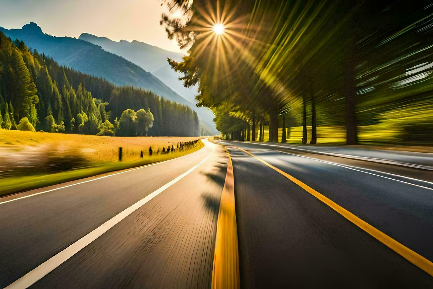 a road in the mountains with the sun shining. AI-Generated photo