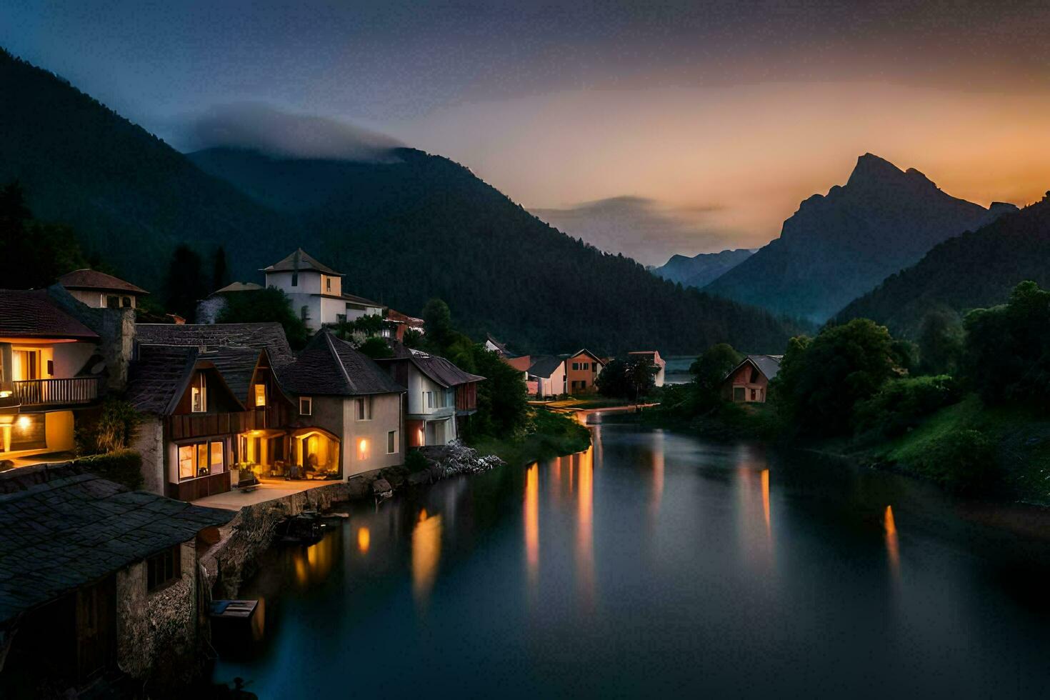 photo wallpaper the sky, mountains, river, house, the night, the mountains, the river. AI-Generated