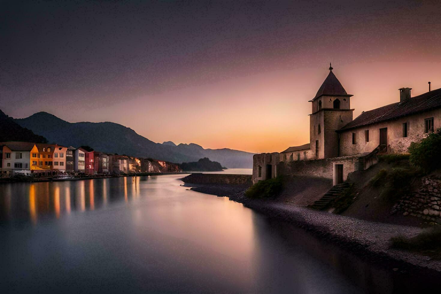 a church is seen in the sunset over a river. AI-Generated photo