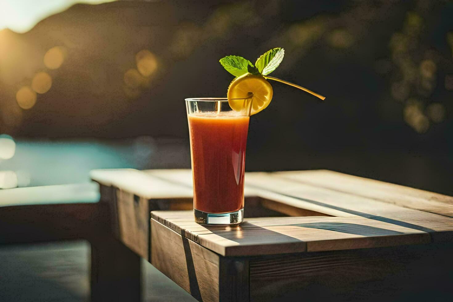 a drink with a slice of lemon on top of a wooden table. AI-Generated photo