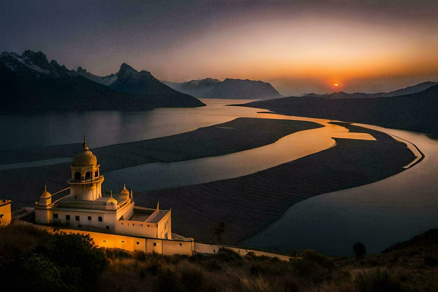 the sun sets over a church on a hill overlooking a lake. AI-Generated photo