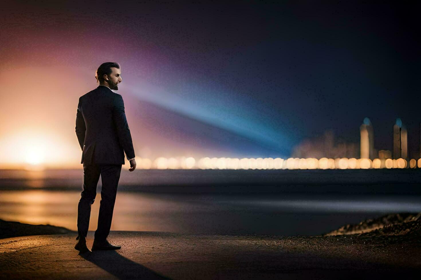 a man in a suit stands on the beach at night. AI-Generated photo