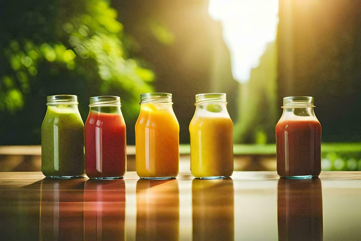 five different types of juices in glass bottles. AIGenerated 34292092