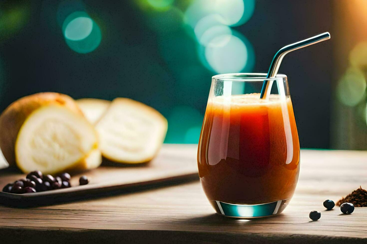 a glass of juice with a straw on a wooden table. AI-Generated photo