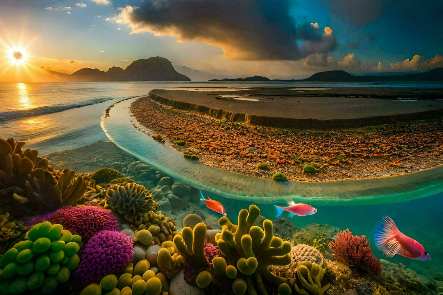 the sun sets over a tropical beach with colorful corals and fish. AI-Generated photo