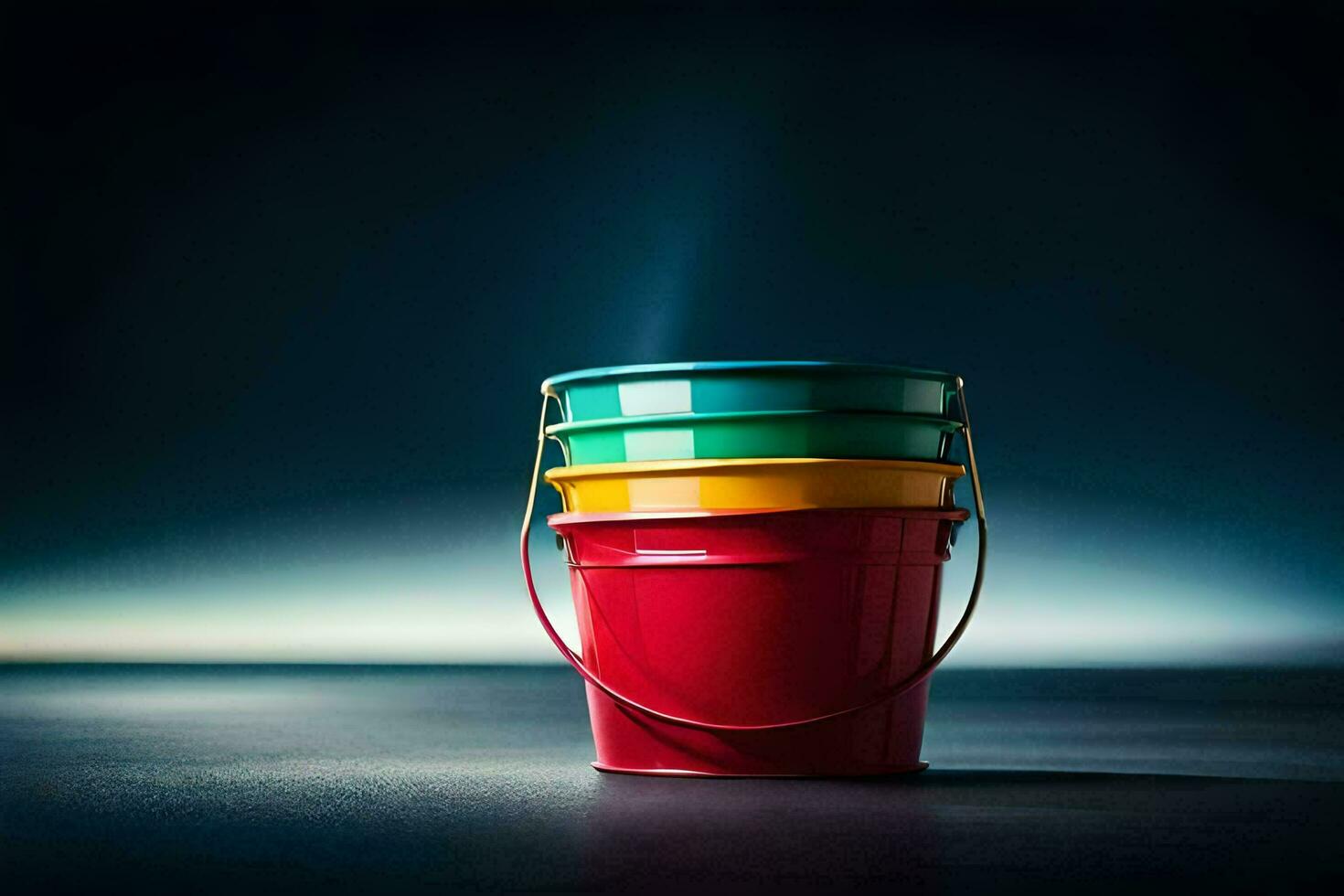 three colorful buckets on a dark background. AI-Generated photo