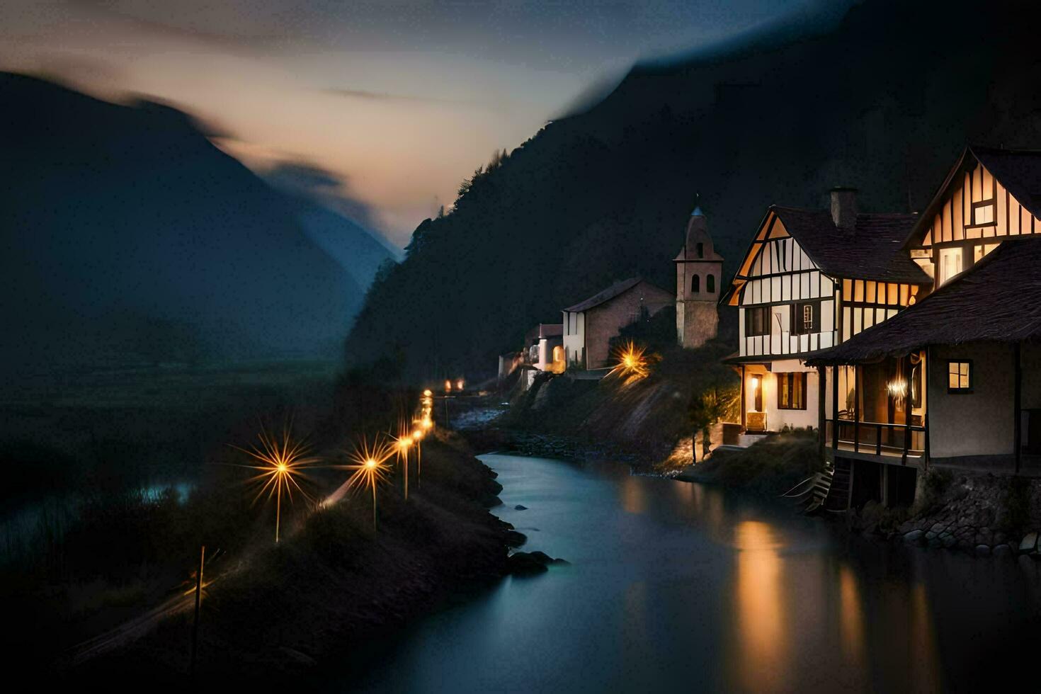 foto fondo de pantalla el noche, río, casas, montañas, noche, río, casas, montañas,. generado por ai
