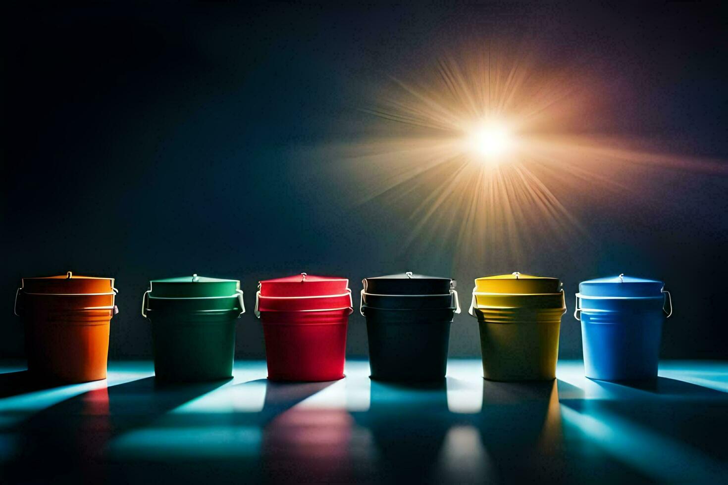 a row of colorful buckets with the sun shining through. AI-Generated photo