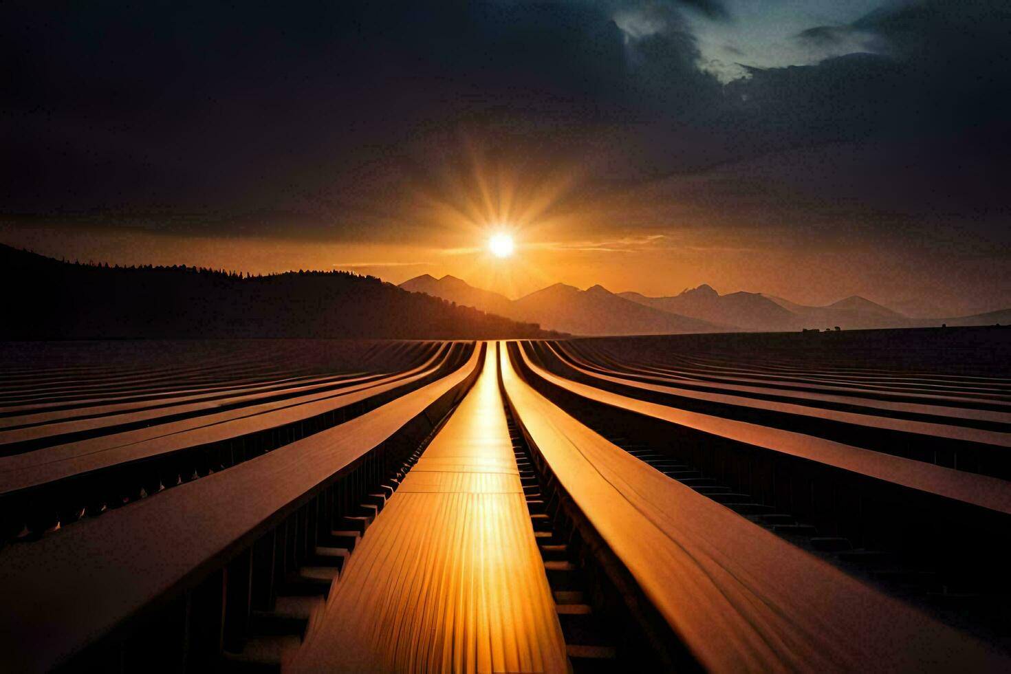 the sun is setting over a train track. AI-Generated photo