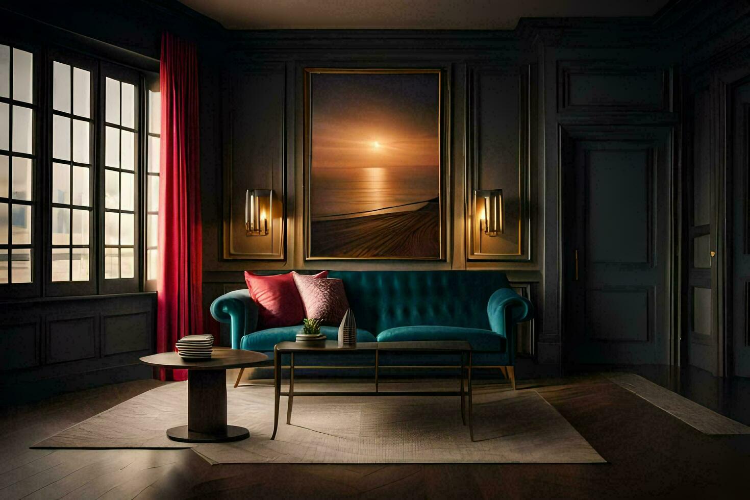 a living room with dark walls and a blue couch. AI-Generated photo