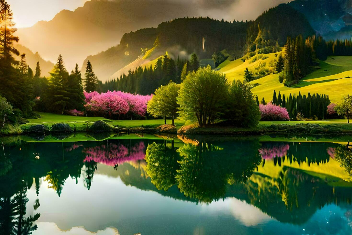 the sun rises over a lake and mountains. AI-Generated photo