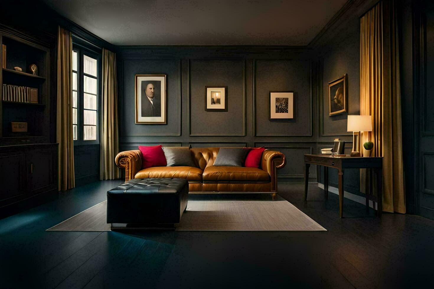 a dark room with a leather couch and a coffee table. AI-Generated photo