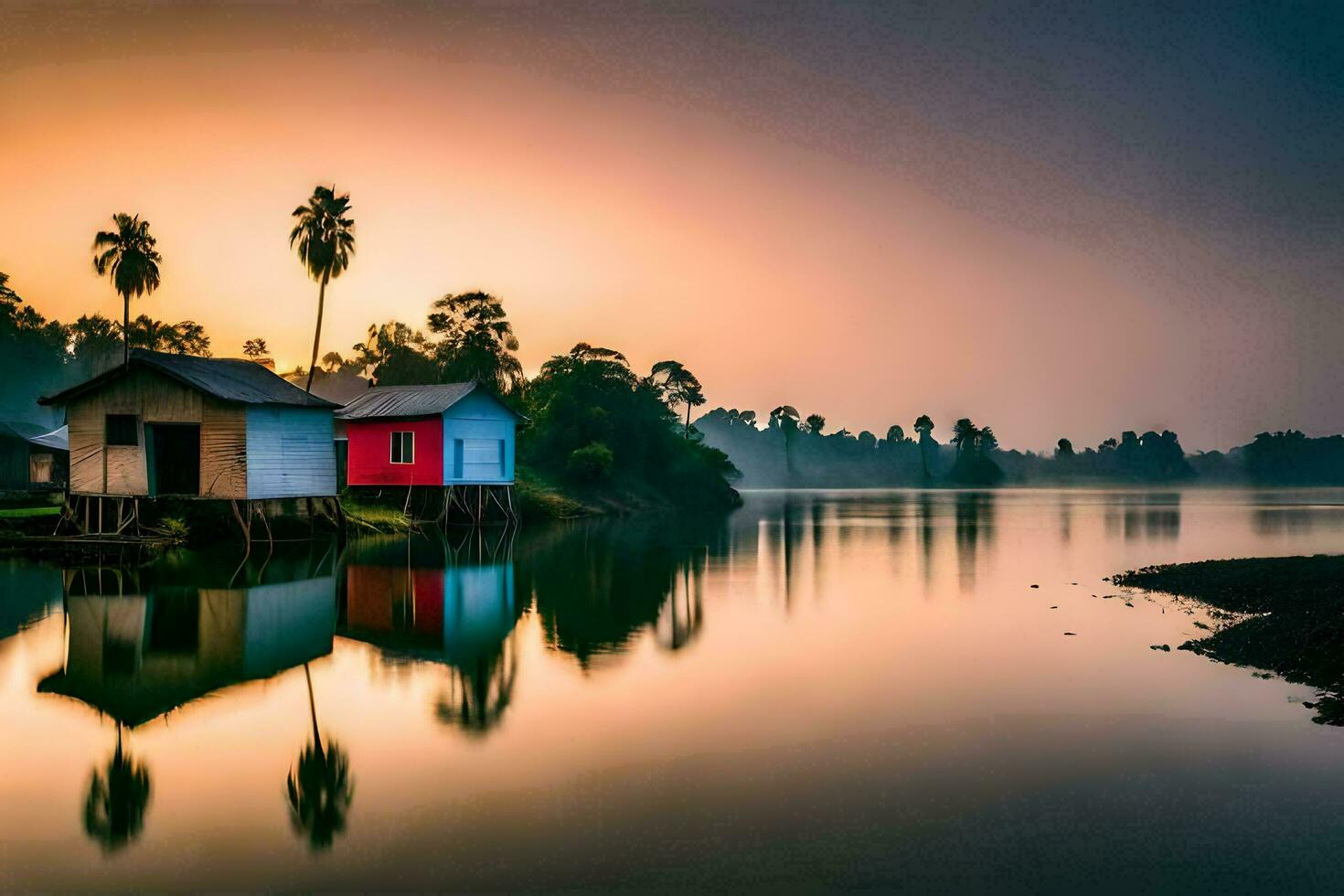 a small village on the banks of a river. AI-Generated photo