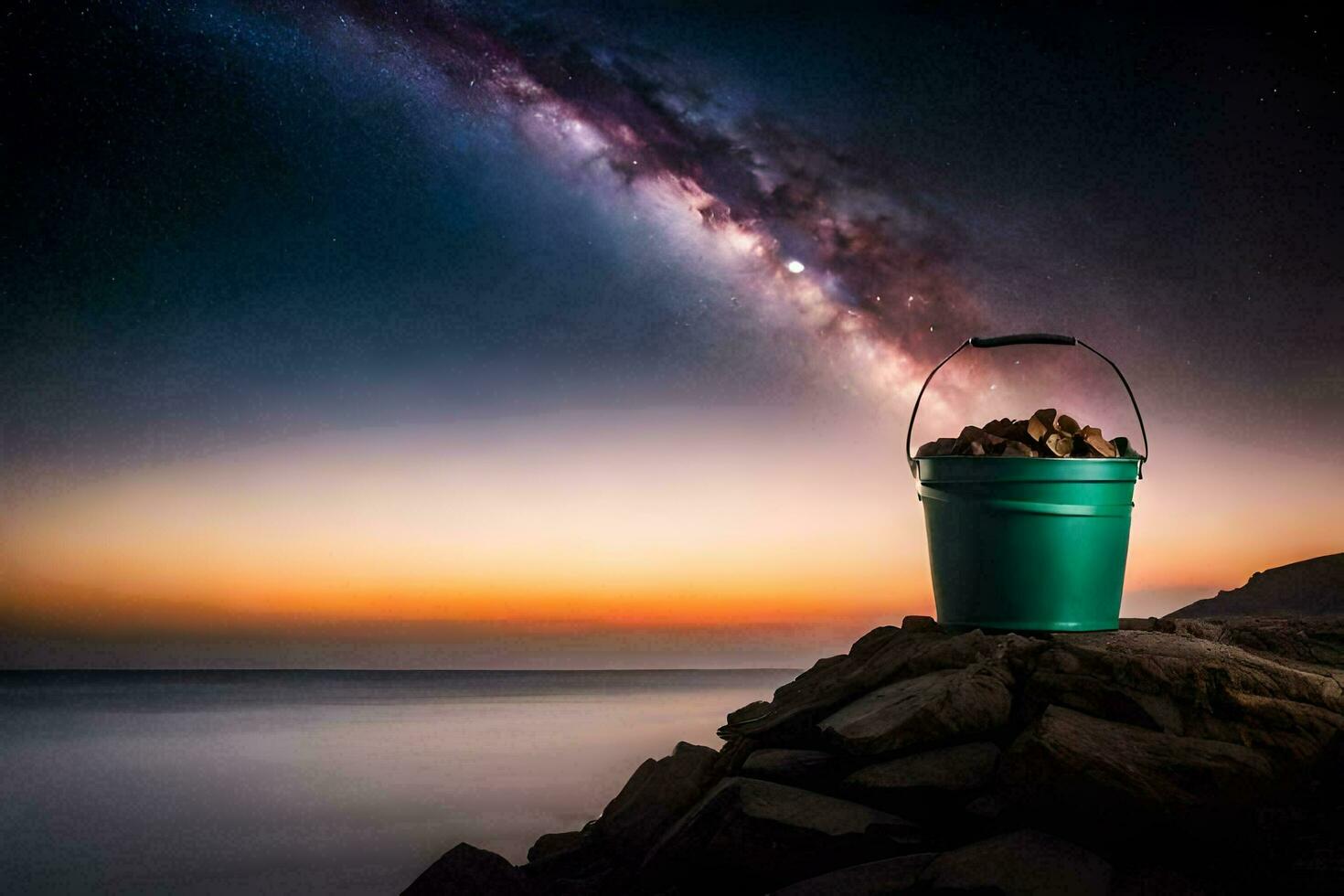 a bucket of peanuts on a rock in the milky way. AI-Generated photo