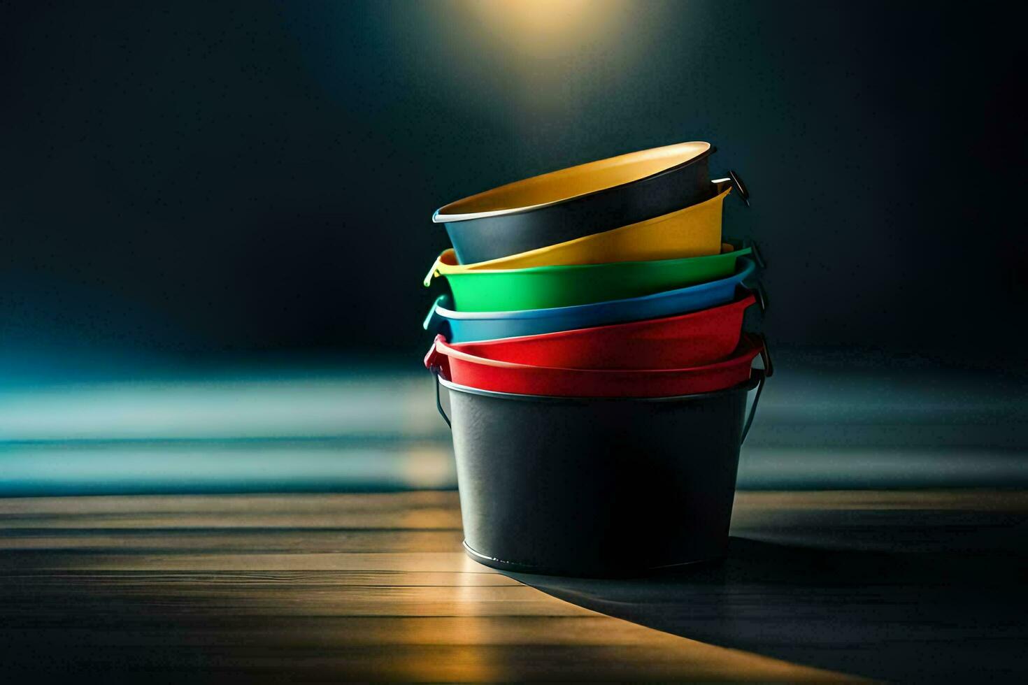 a stack of colorful buckets on a wooden floor. AI-Generated photo