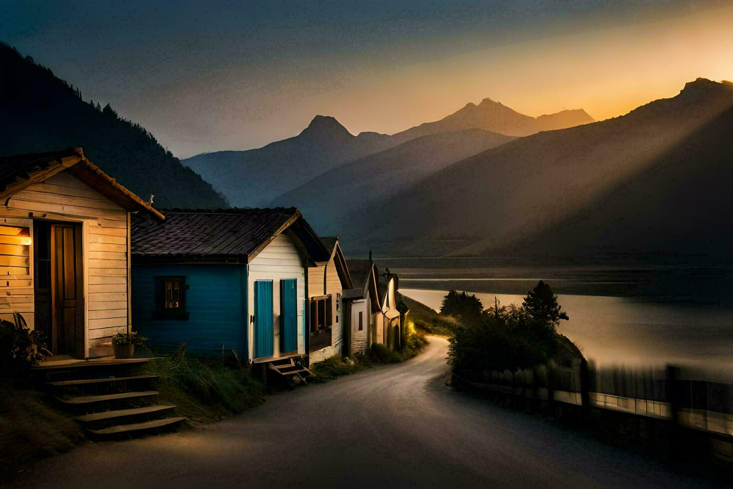 a road leading to a lake with houses on either side. AI-Generated photo