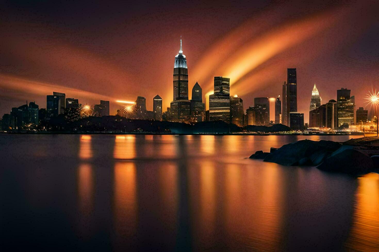 el ciudad horizonte a noche con luces reflejando apagado el agua. generado por ai foto