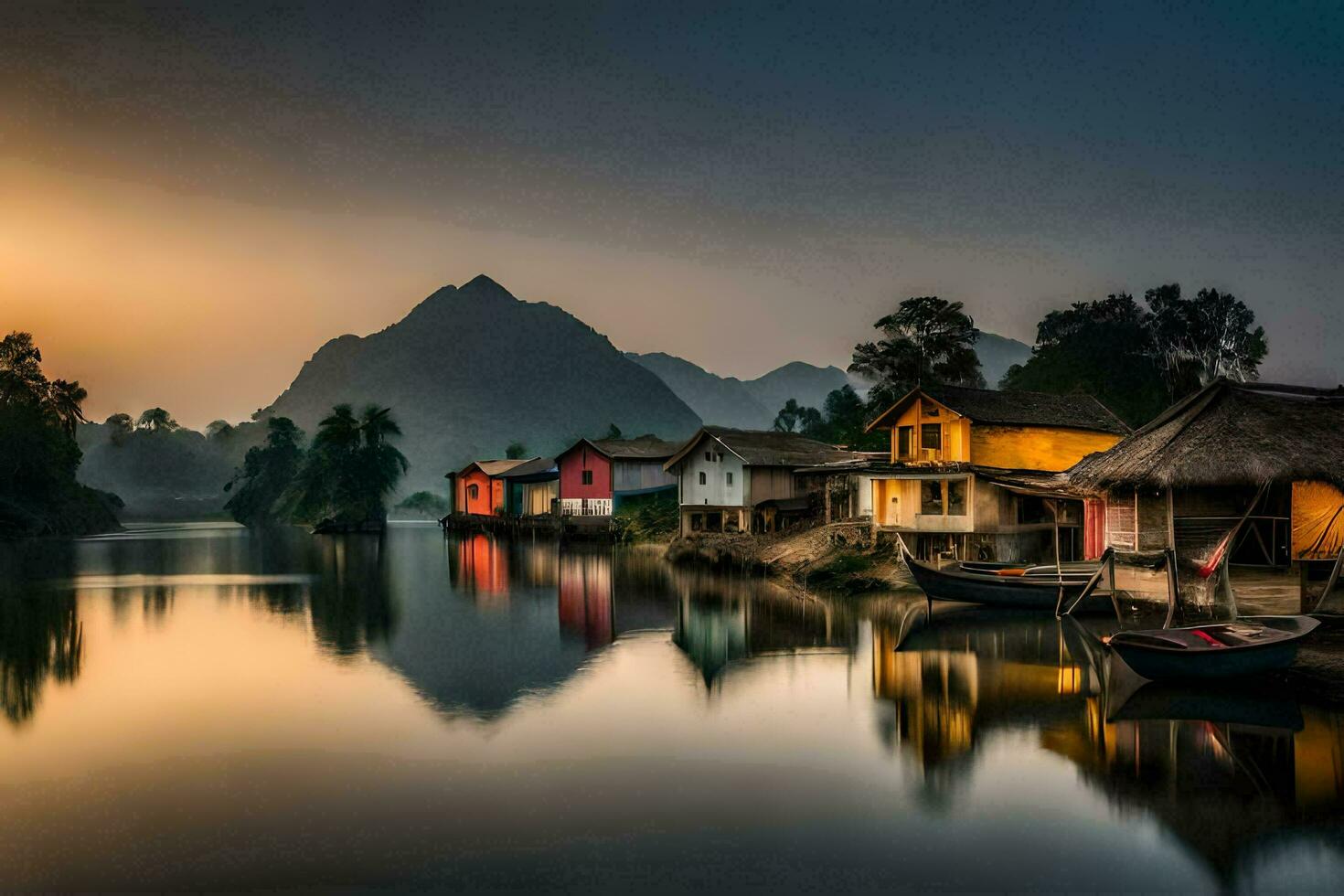 a river in the mountains with houses on the shore. AI-Generated photo