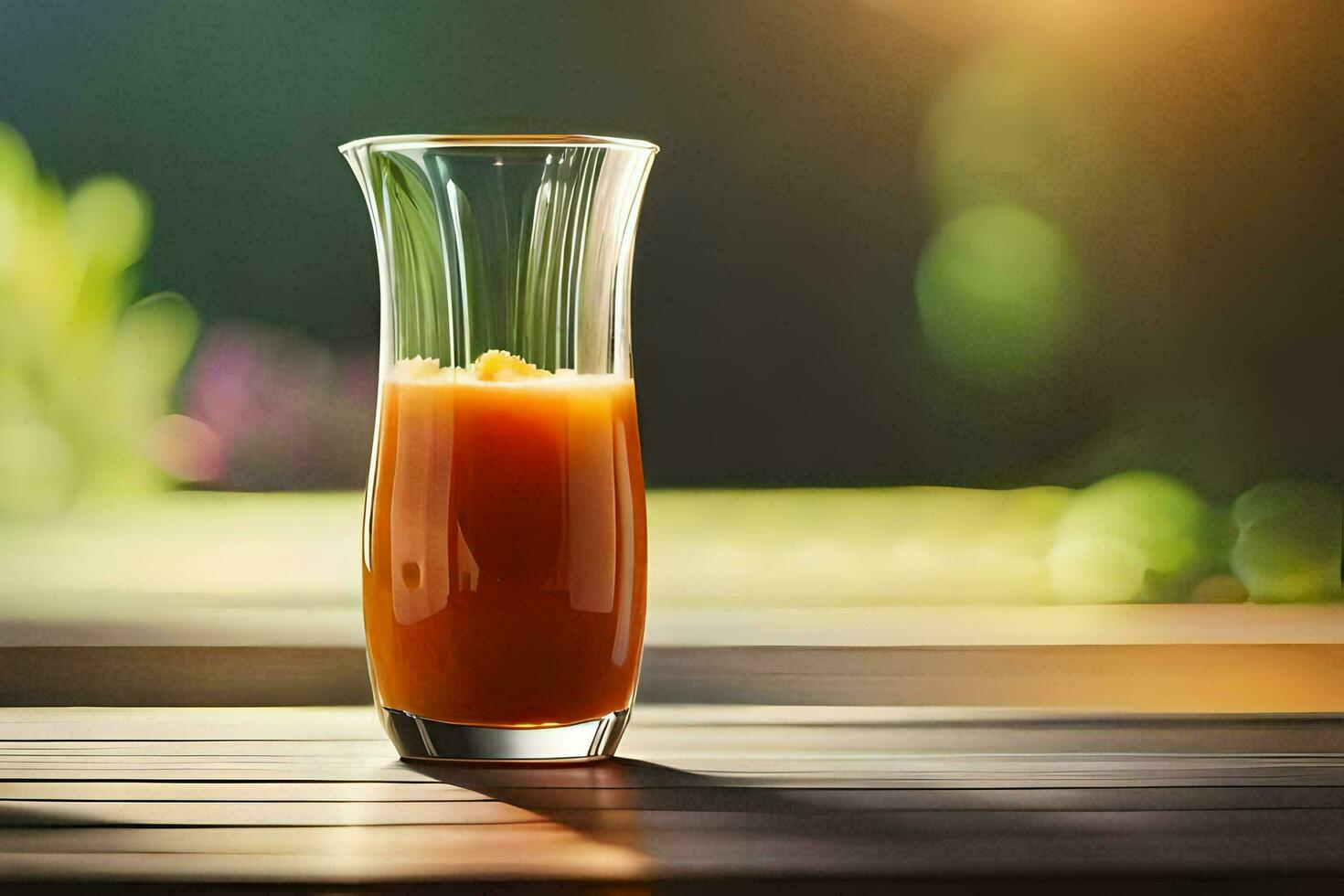 a glass of orange juice on a table. AI-Generated photo