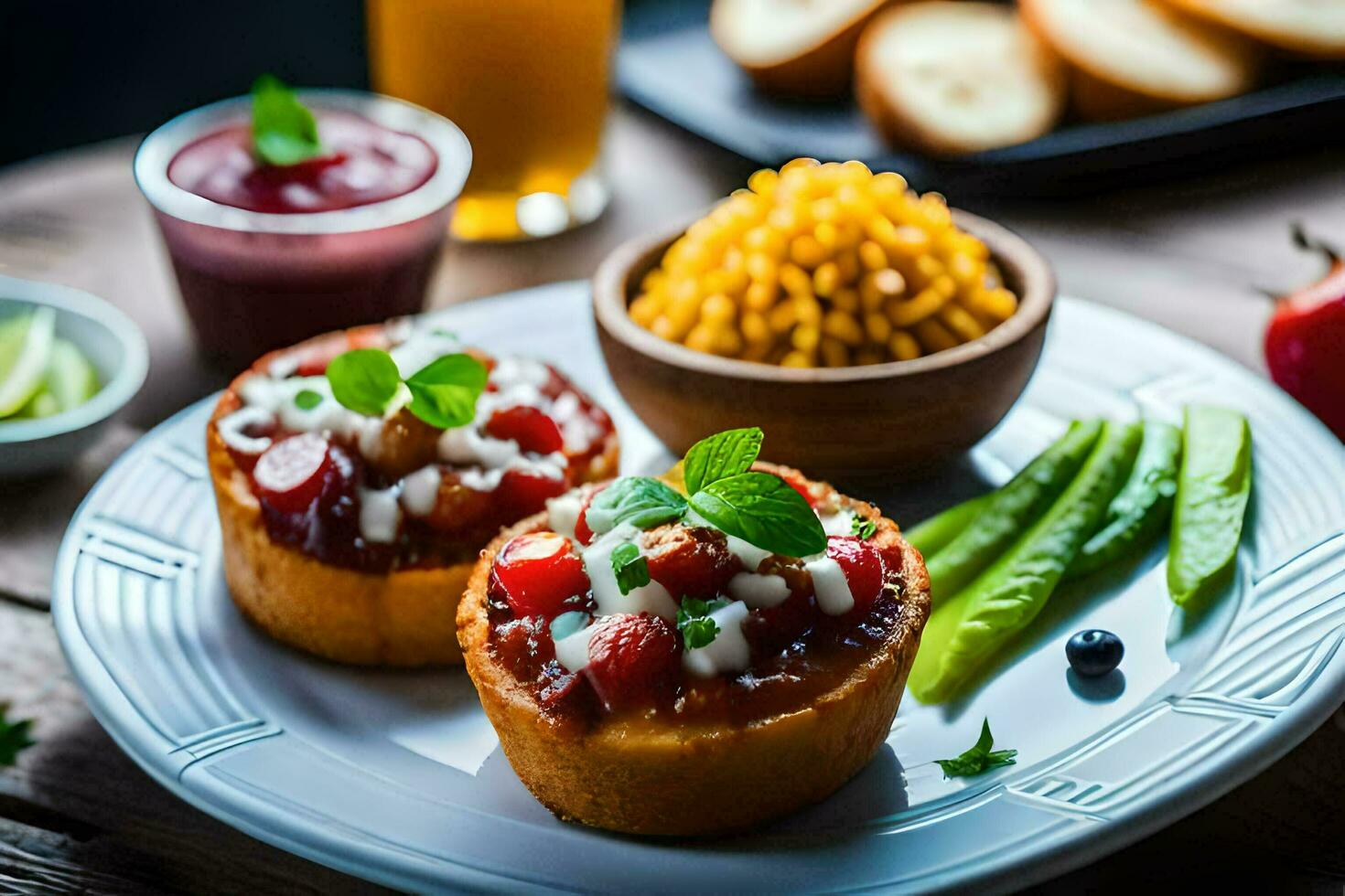 comida en un plato con pan, Tomates y otro ingredientes. generado por ai foto