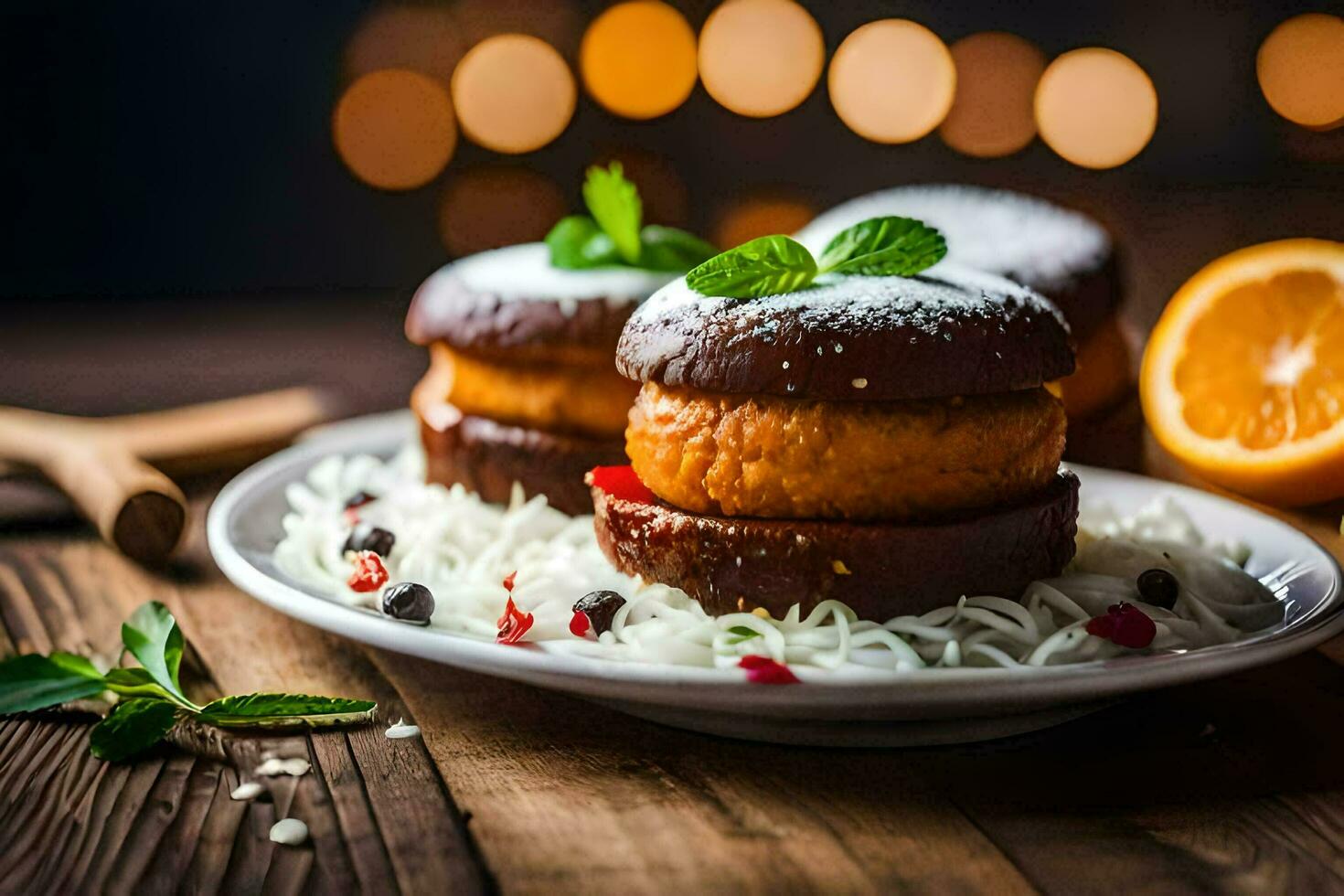 two cakes with orange slices and spices on a plate. AI-Generated photo