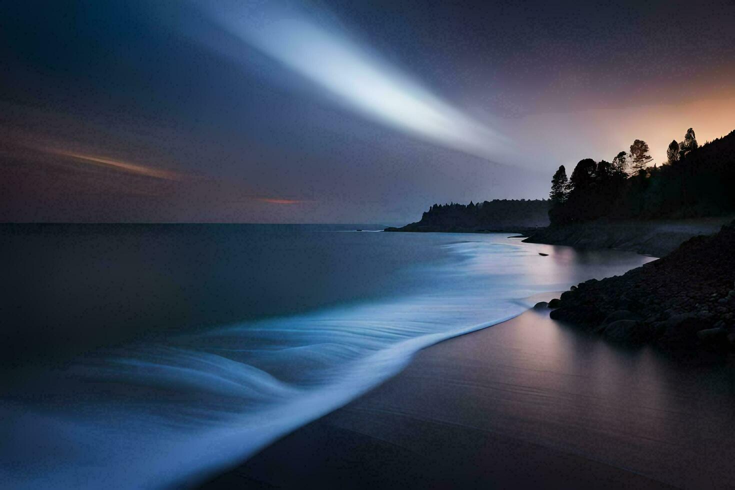 un largo exposición fotografía de el Oceano a noche. generado por ai foto