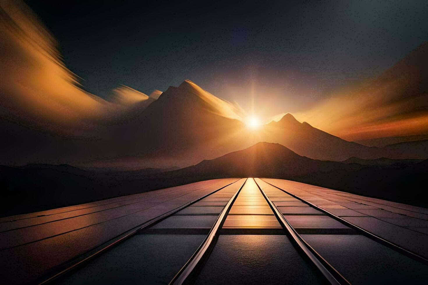 a train track in the mountains with the sun setting. AI-Generated photo