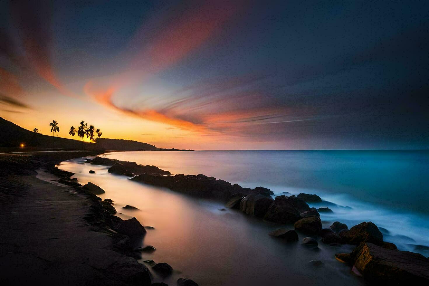 a long exposure photograph of the sunset on the beach. AI-Generated photo