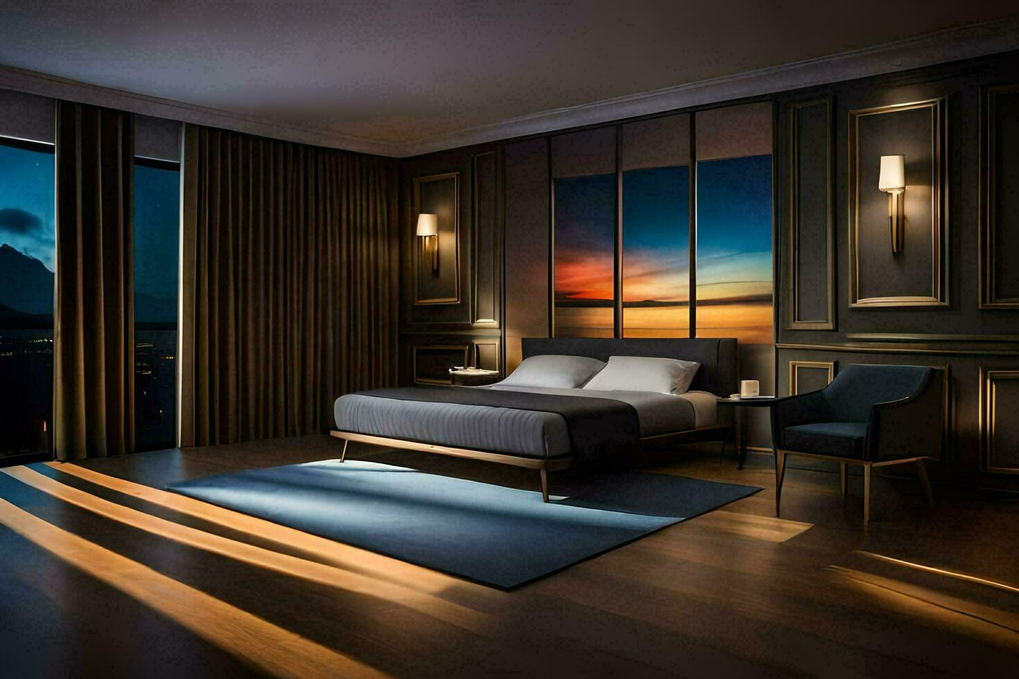 a bedroom with a large bed and a large picture on the wall. AI-Generated photo
