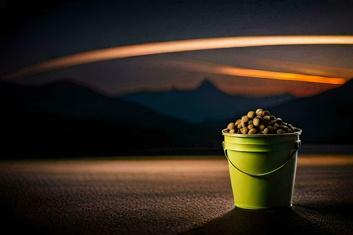 a bucket of food sitting on the ground in front of a mountain. AI-Generated photo