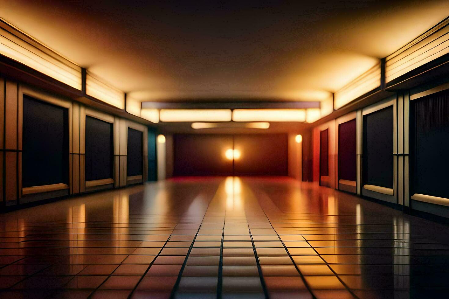 a long hallway with lights on the ceiling. AI-Generated photo