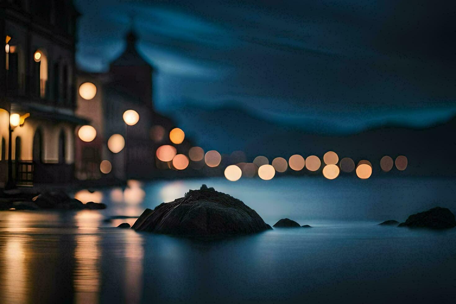 a rock in the water at night with lights on the buildings. AI-Generated photo