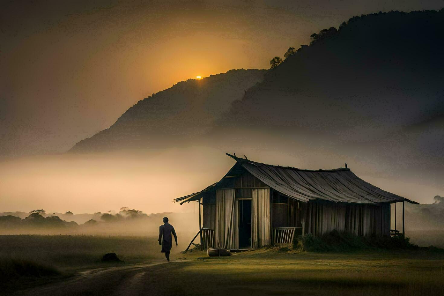 a man walks past a hut in the fog. AI-Generated photo