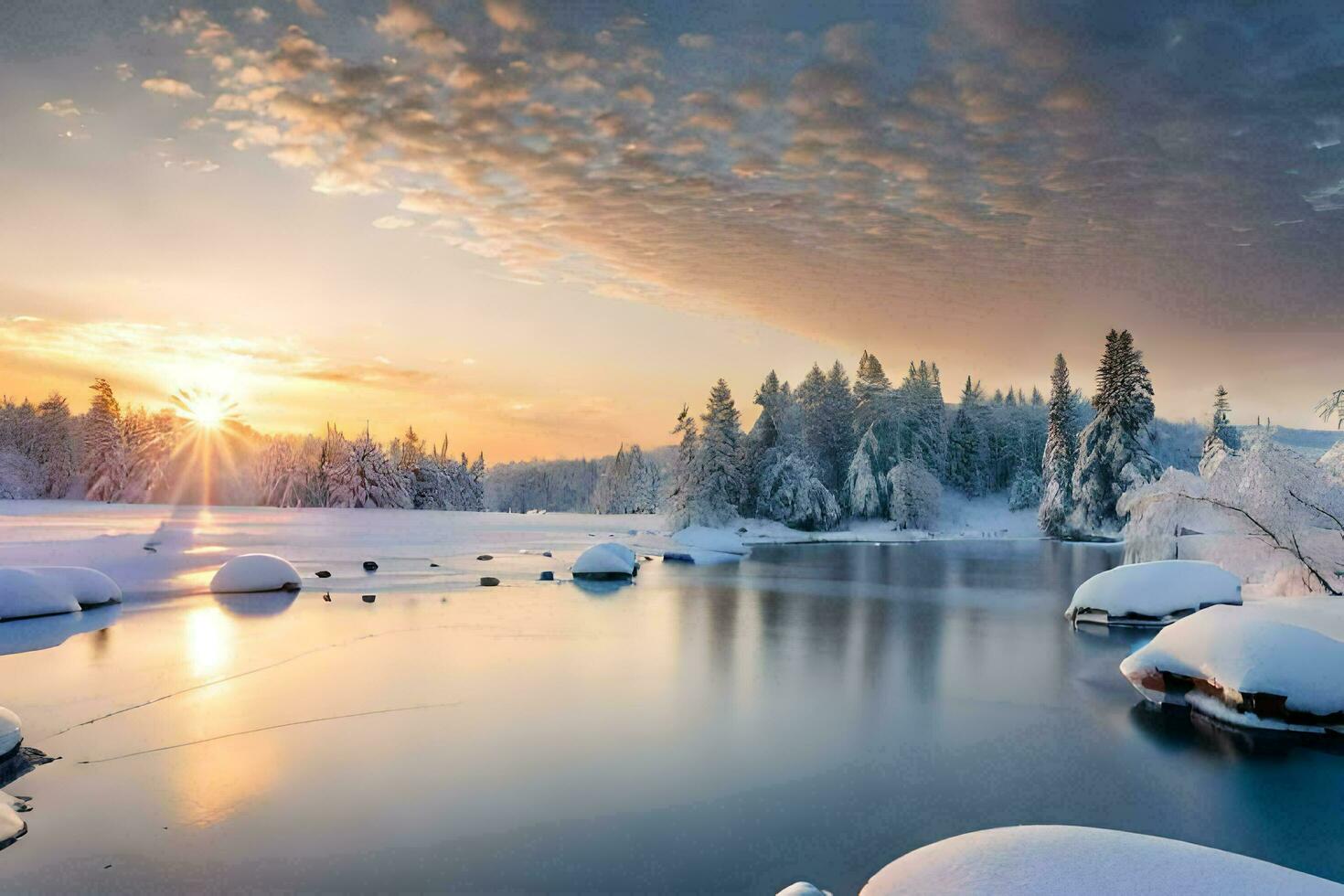 a beautiful winter scene with snow covered trees and water. AI-Generated photo