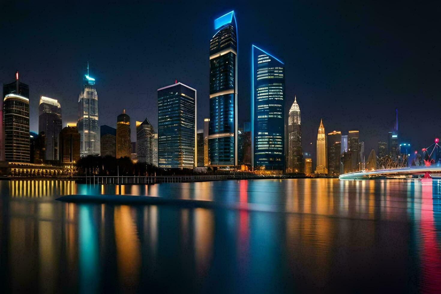 the city skyline at night with lights reflecting off the water. AI-Generated photo