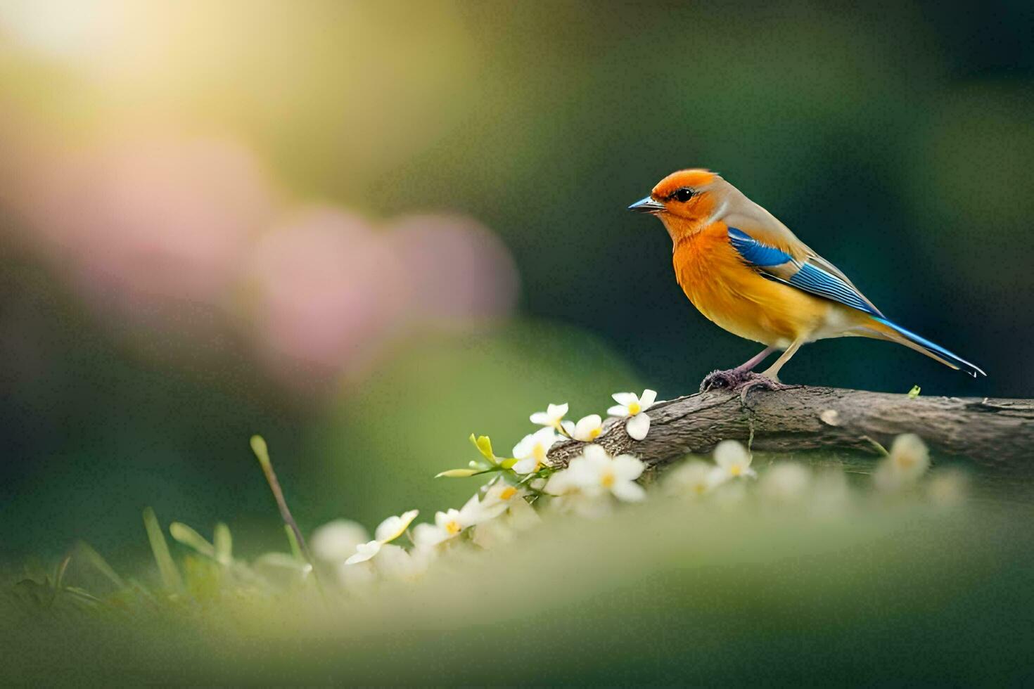 a blue and orange bird is sitting on a branch. AI-Generated photo