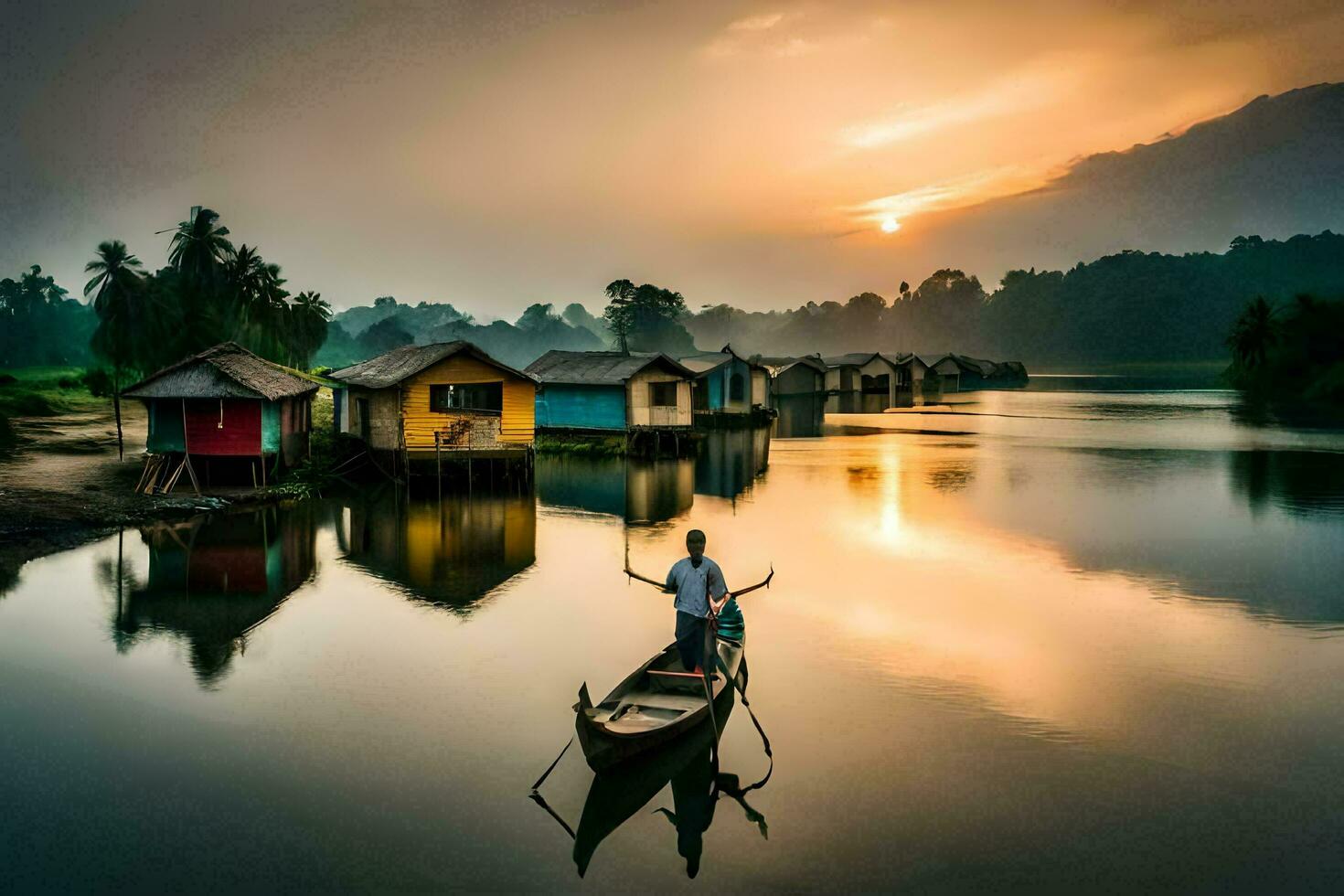 a man in a boat on the river with houses on the shore. AI-Generated photo