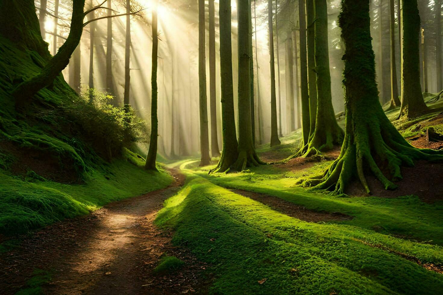 a path through a forest with green trees. AI-Generated photo