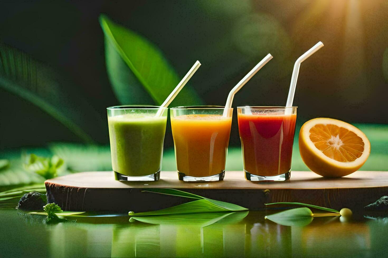 three glasses of juice with straws on a table. AI-Generated photo