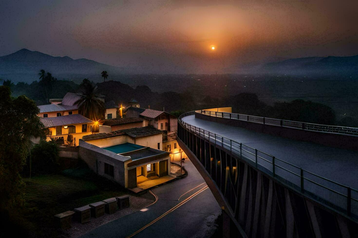 the sun sets over a road and a house. AI-Generated photo