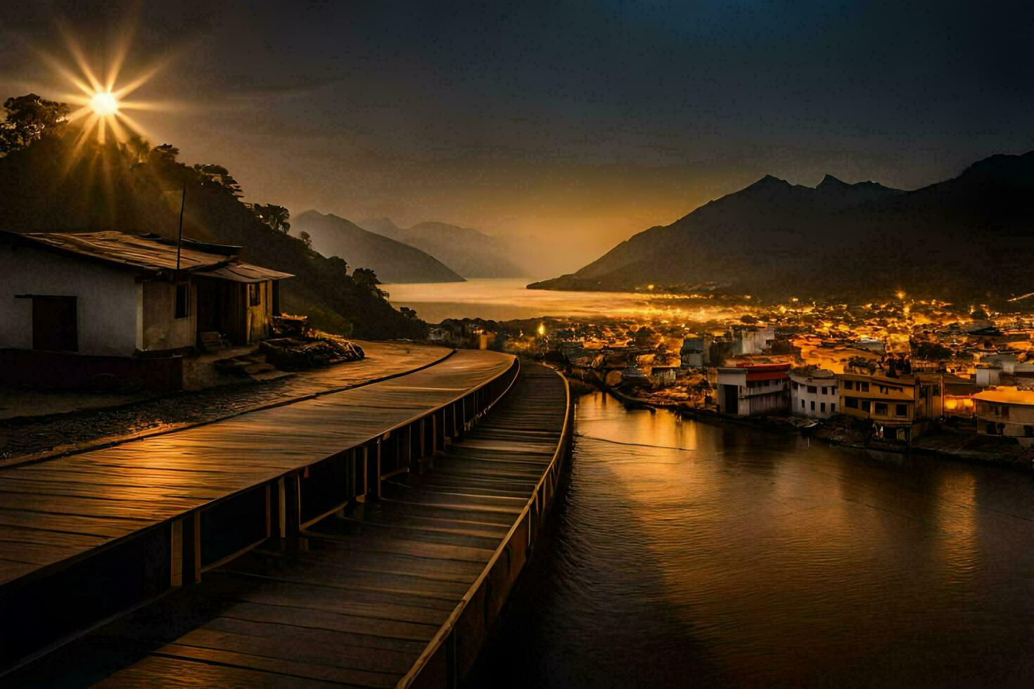 a wooden bridge over a river and town at night. AI-Generated photo