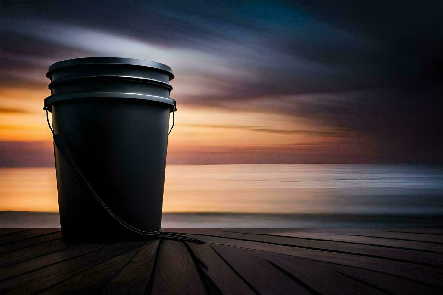 a bucket on a wooden deck with a sunset in the background. AI-Generated photo