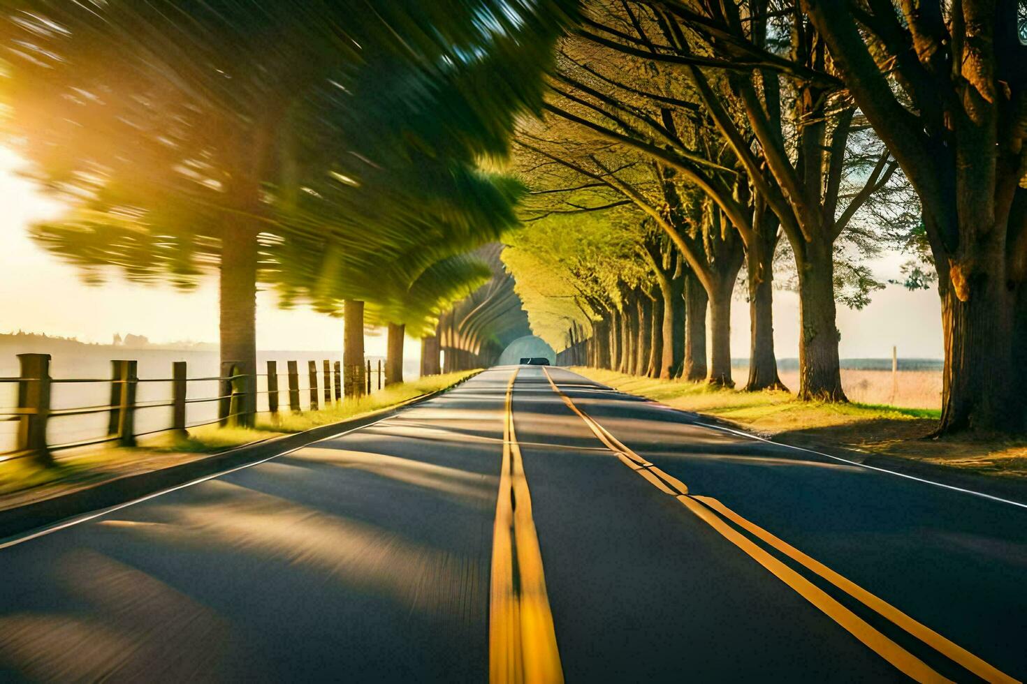 a long road with trees and a sun setting. AI-Generated photo