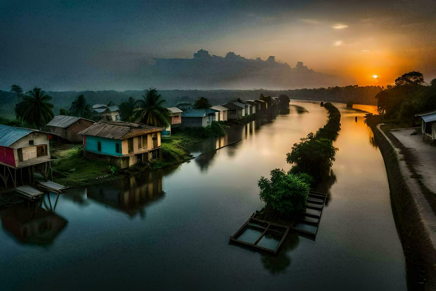 a river runs through a village at sunset. AI-Generated photo