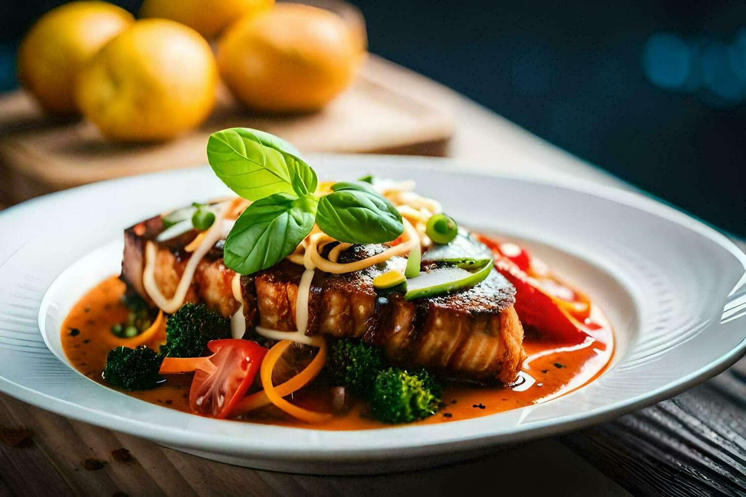 un plato de pescado con vegetales y salsa. generado por ai foto