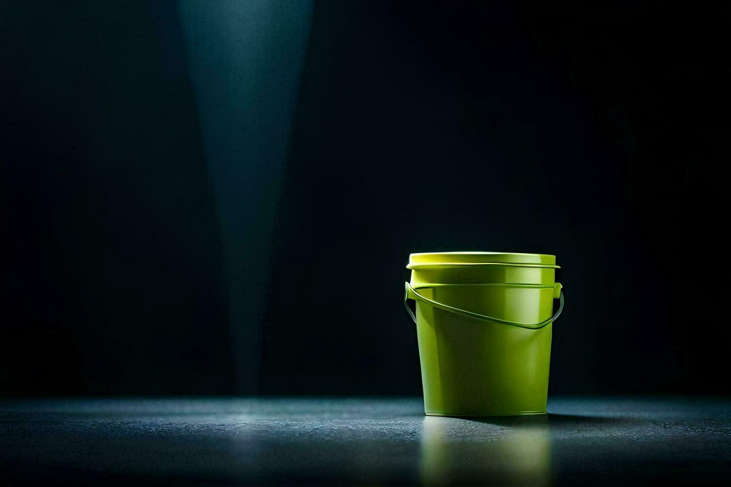 a green bucket on a dark floor. AI-Generated photo